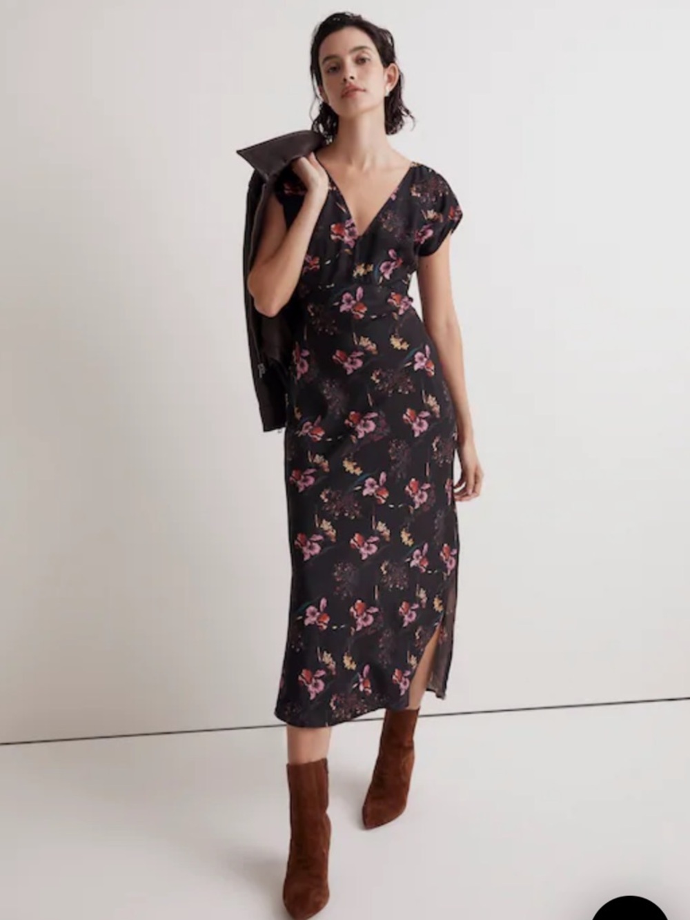 NWT Madewell Wide V-Neck Midi Dress black floral size 14